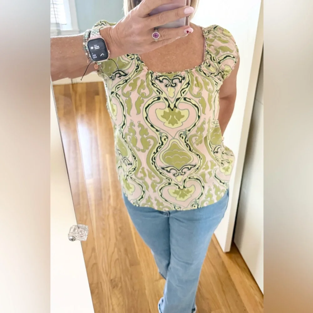 J.Crew Green & Pink Printed Smocked Top – Size S – 100% Cotton